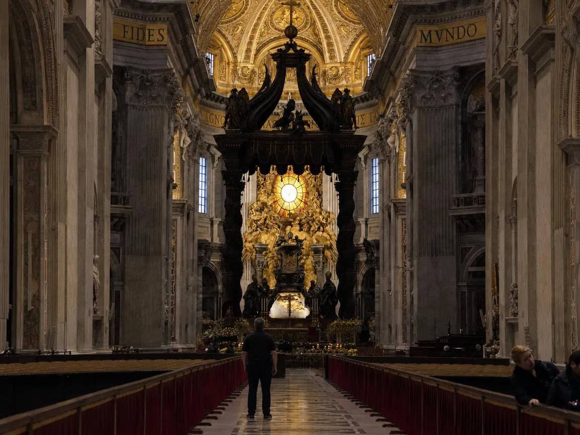 Fr. Marco standing in the middle distance beneath Bernini's bronze baldachin
