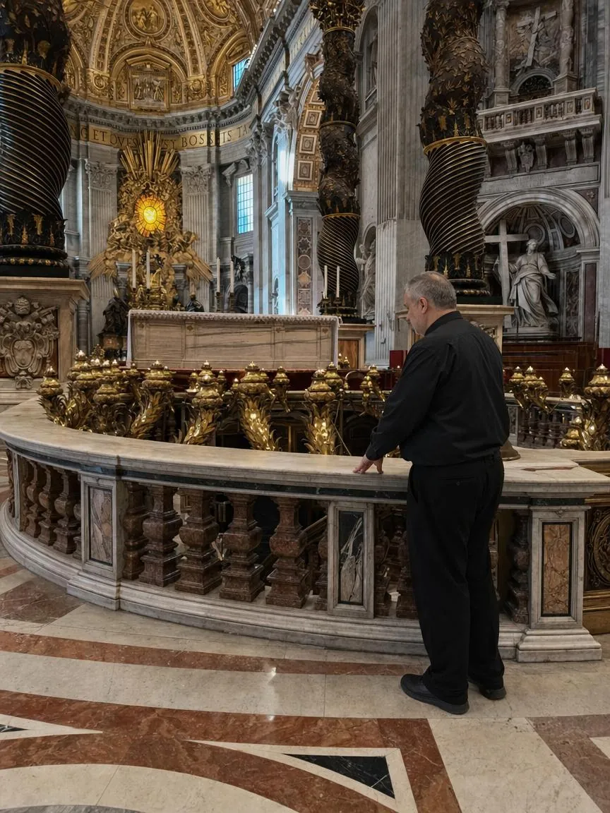 Fr. Marco standing at the marble balustrade of the Confessio, looking down toward the tomb of the Apostle