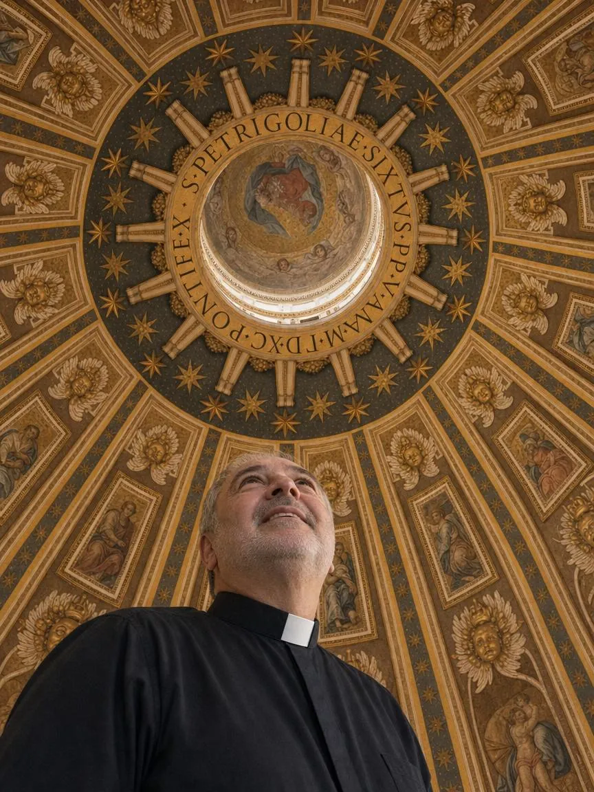 Fr. Marco looking straight up into the great dome, seen from below