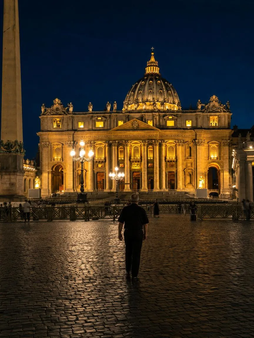 Fr. Marco at the foot of the steps of the lit basilica at night, about to go in