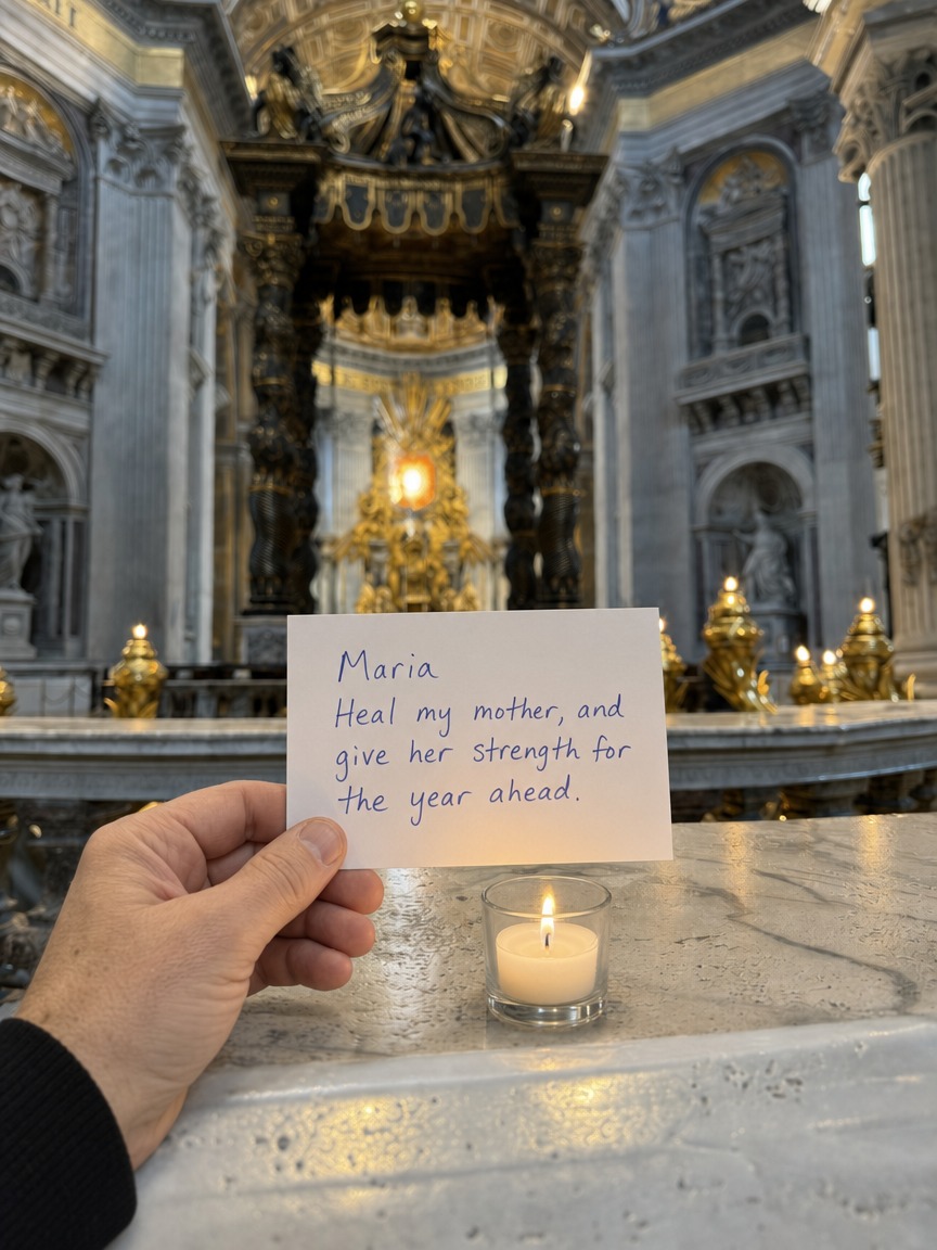 An example prayer card set down inside St. Peter's Basilica