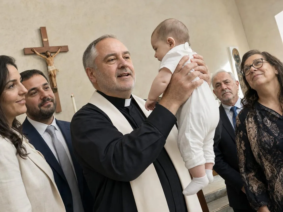 Fr. Marco holding a baby up at a christening, the family gathered close around him
