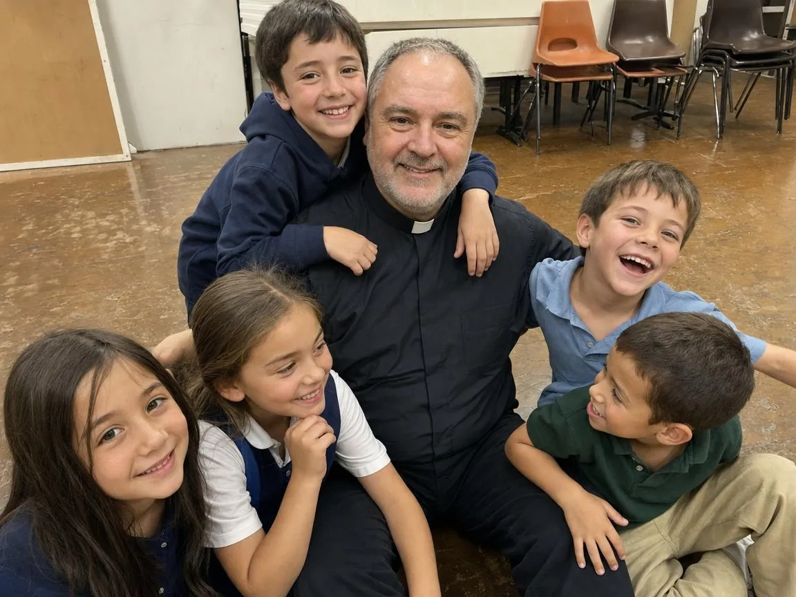 Fr. Marco sitting on the floor of a parish hall surrounded by children