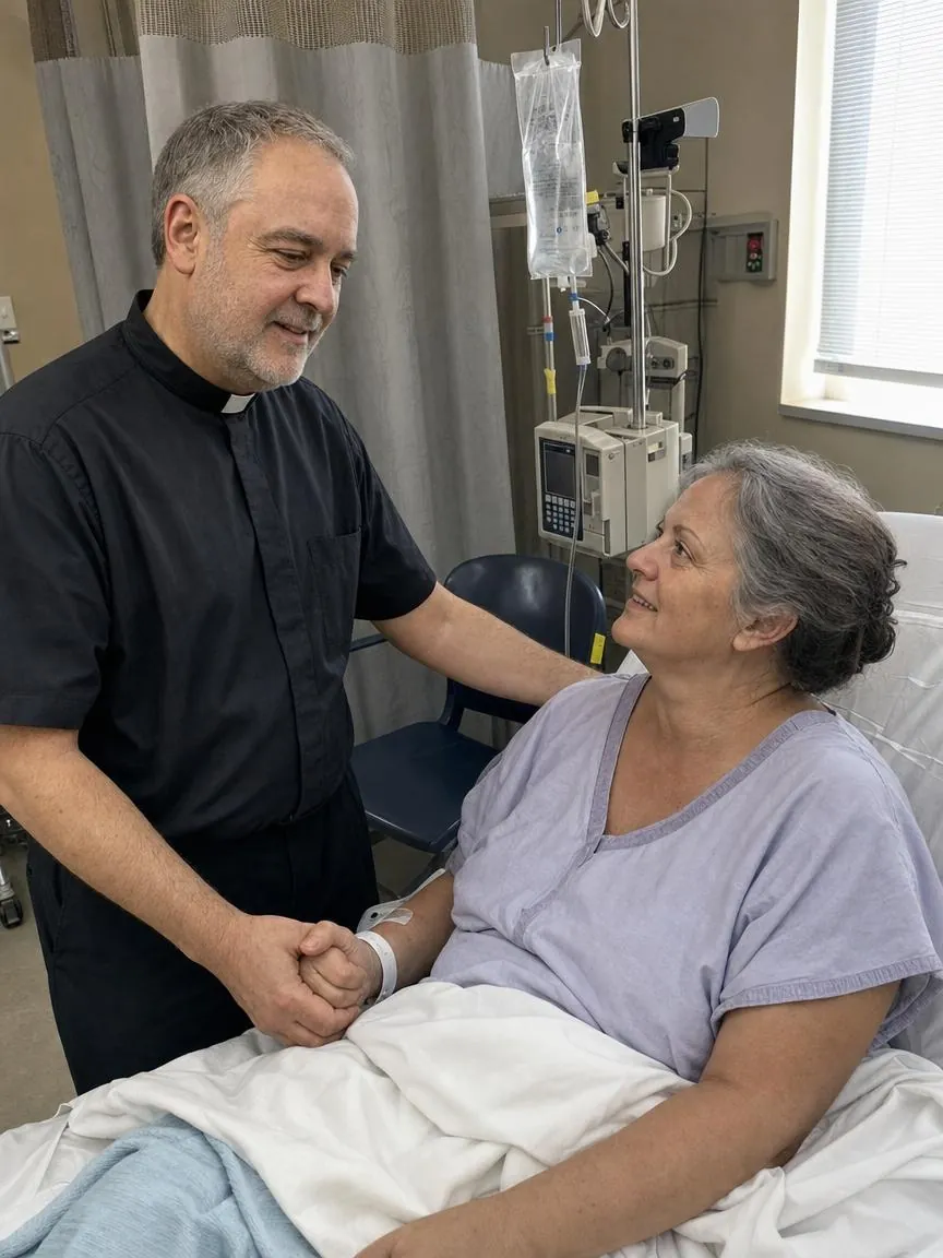 Fr. Marco at the bedside of a woman in a hospital room, holding her hand