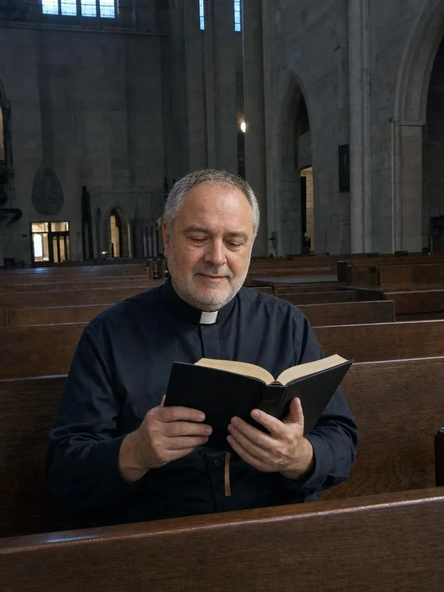 Fr. Marco reading a breviary alone in an empty church pew