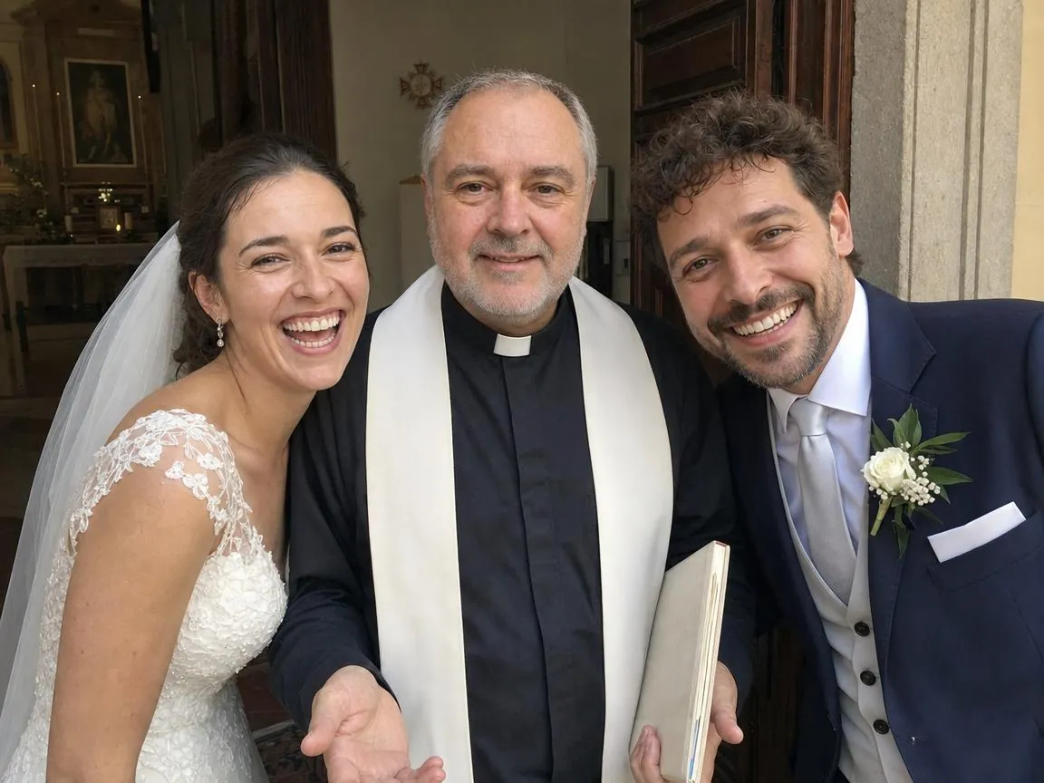Fr. Marco standing between a laughing bride and groom just after a wedding Mass
